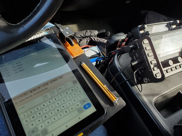 My Winter Field Day setup in the truck. It took some getting used to, but the tablet worked out pretty well for logging.
