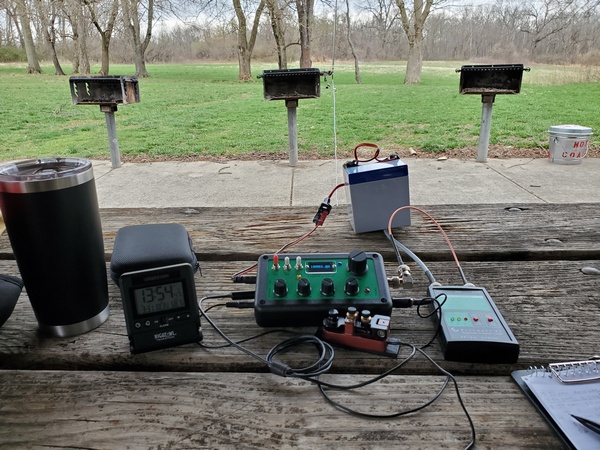 My setup at Norristown Farm Park (US-4363, KFF-4363). My coax was a bit short, so I used my battery to keep my Elecraft T1 tuner from being dragged off the table.