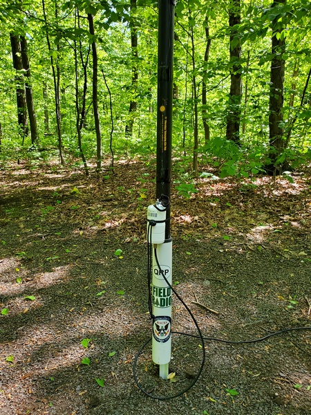 The feedpoint of my antenna. the 29.5-foot vertical wire is fed through a weather-resistant 9:1 unun.