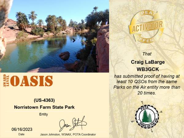 POTA Oasis Repeater Offender award for 20 activations at the same park
