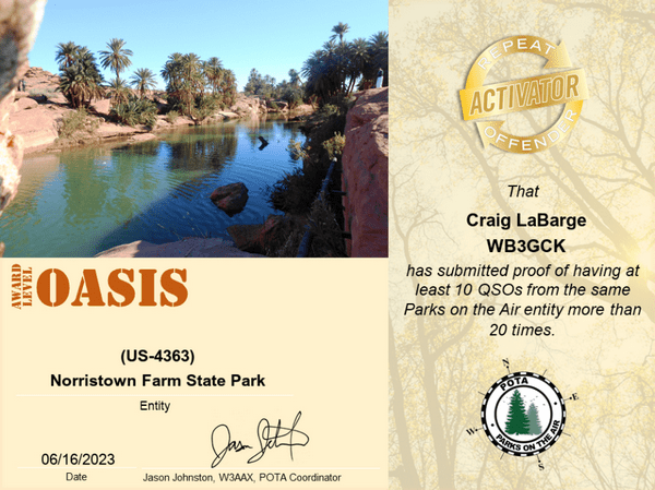 POTA Oasis Repeater Offender award for 20 activations at the same park