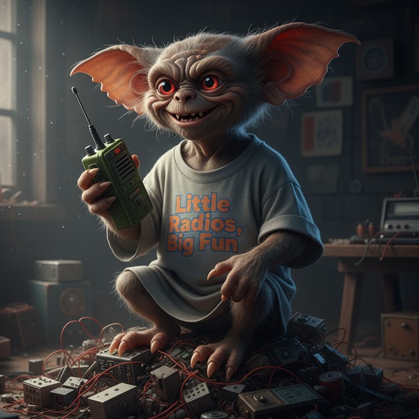 Gremlin holding a walkie-talkie wearing a t-shirt that reads: "Little Radios, Big Fun." He is sitting on a pile of electronic parts and gadgets. AI image generated by Google Gemini.