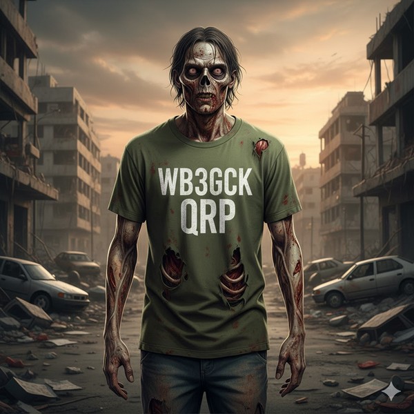 Zombie wearing a t-shirt that reads :WB3GCK QRP." AI image generated by Google Gemini.
