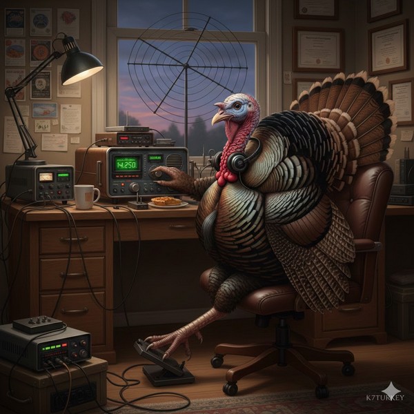 AI-generated image of a turkey operating a radio