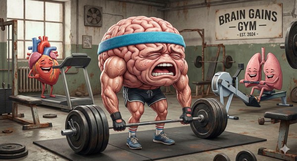 AI-generated cartoon image showing a human brain lifting weights in a gym.