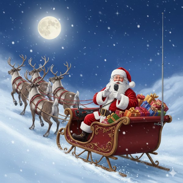 AI-generated of Santa in his sleigh operating a mobile radio with an antenna on the back of the sleigh.