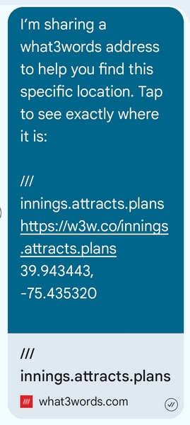 Example text message sent via what3words