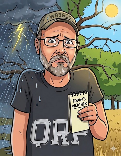 AI-generated cartoon of WB3GCK experiencing both rainy and sunny weather.