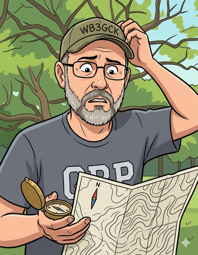 AI-generated cartoon showing WB3GCK holding a compass and map and looking puzzled.