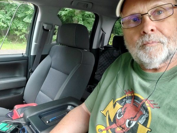Hunkered down in the truck, wearing my official Skeeter Hunt t-shirt