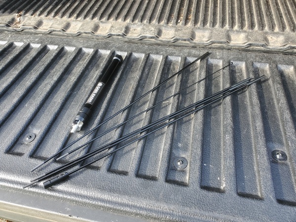 The five sections of the GRA-CFP2600 whip. The GRA-7350TC loading coil is on the left. Unfortunately, I neglected to take a picture of the antenna assembled for use.